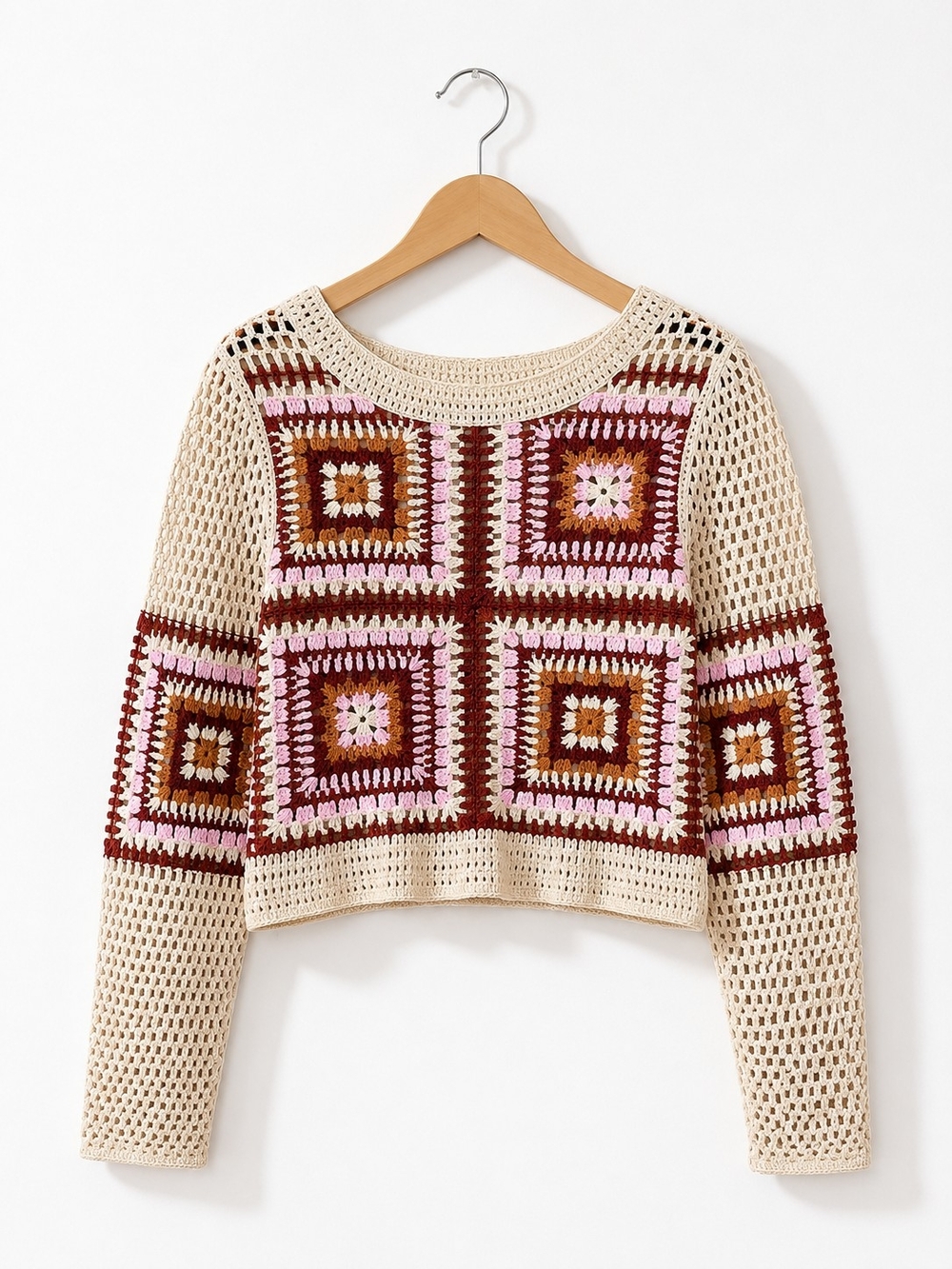 Granny Square Crochet Sweater Women's Boho Crop Knit Top Cream Pink Burgundy - Picture 4 of 6